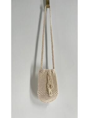 Beige Hand Knit Crochet Pouch Purse Water Bottle Bag